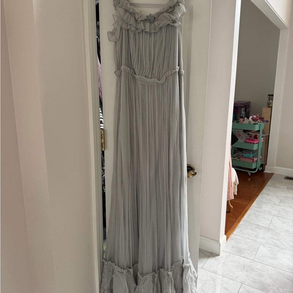 BHLDN Soft Sage Ruffled Pleated Maxi Dress